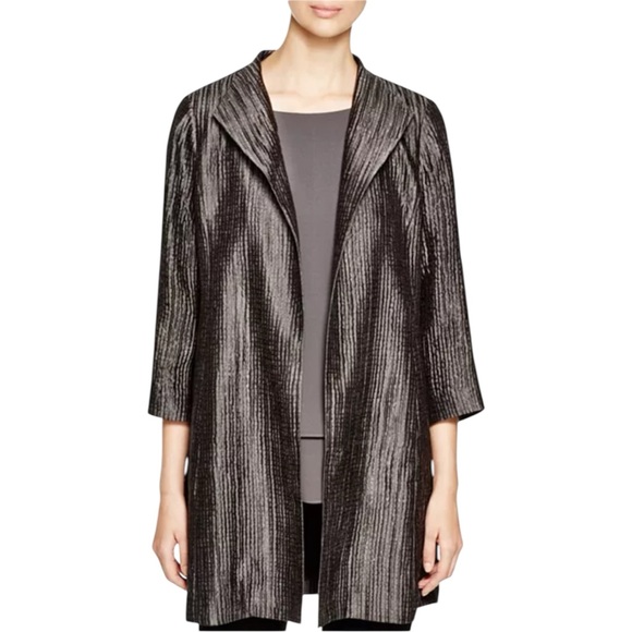 Eileen Fisher Jackets & Blazers - Eileen Fisher Metallic Grey Textured Silk Open Front 3/4 Jacket Size MEDIUM